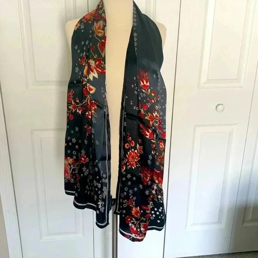 Nanette Lepore 100% silk scarf, dark gray with floral and bird print